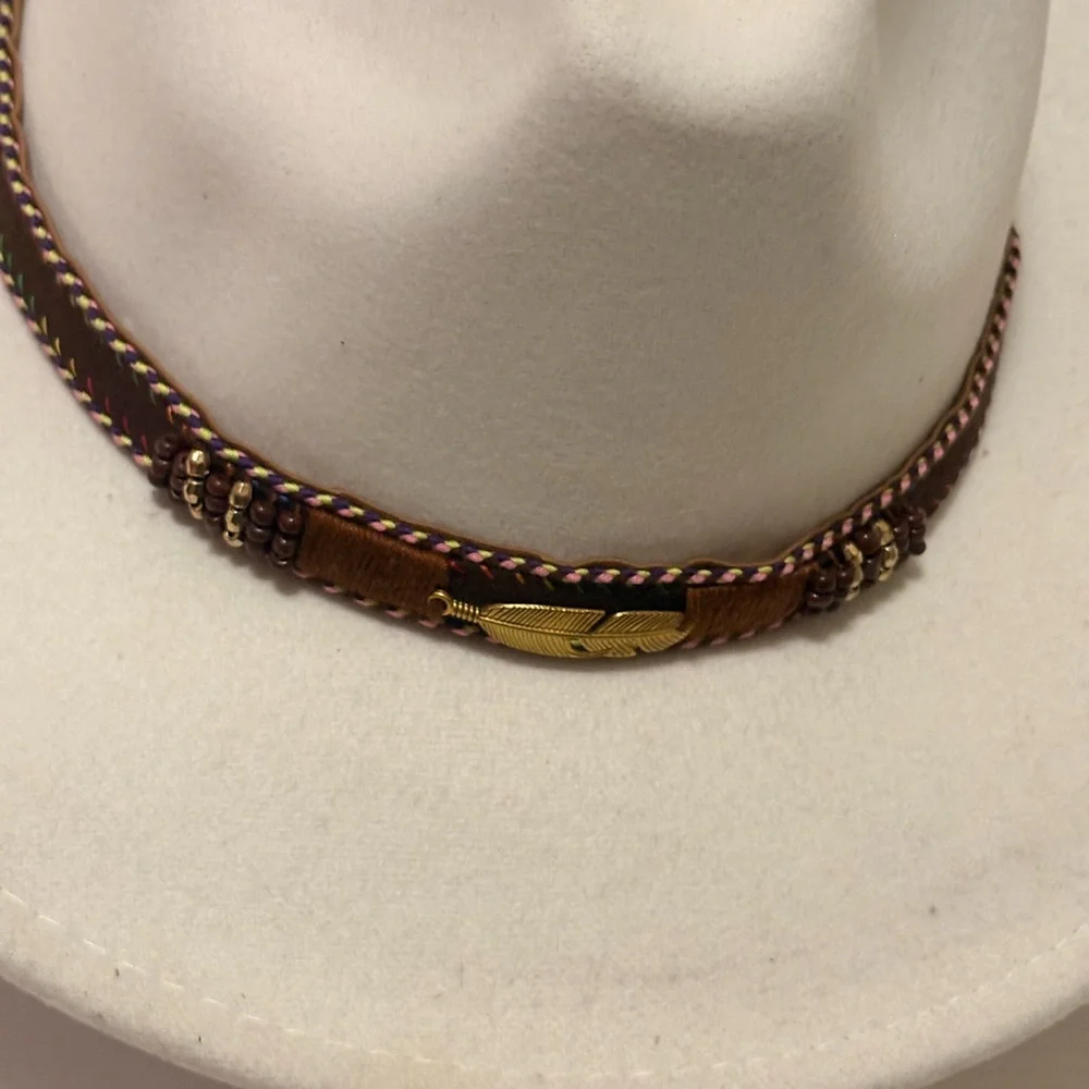 White Fedora Hat with Brown Band - Picture 2 of 5